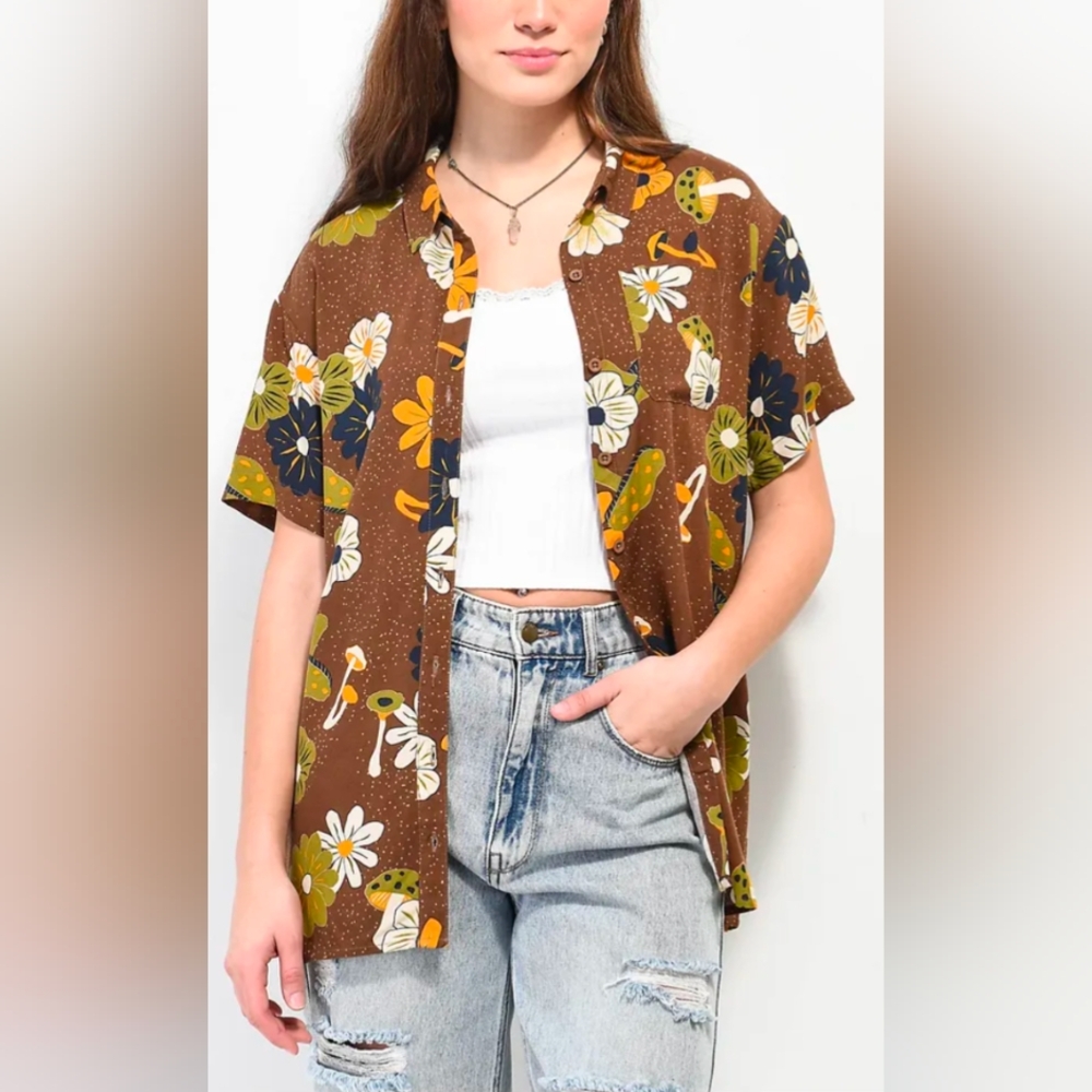 Dravus Seek The Unknown Floral/Mushroom Brown Button-Up Shirt Size XS